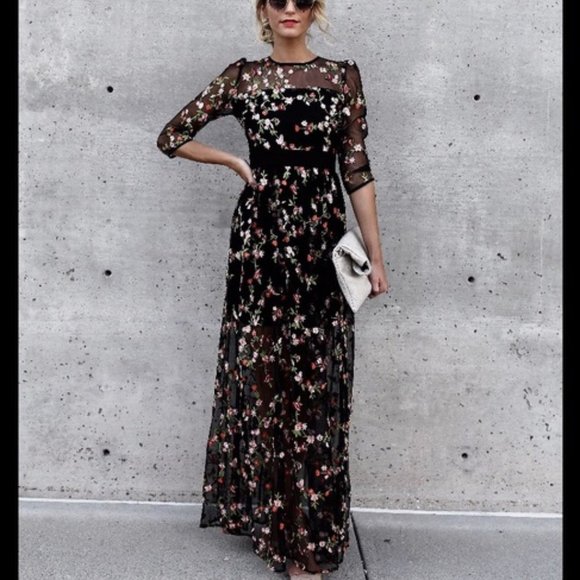 Olivaceous Dresses & Skirts - Floral embroidered mesh long sleeve maxi dress